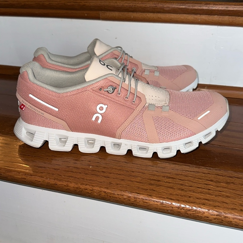On Running Pink and White Athletic Shoes